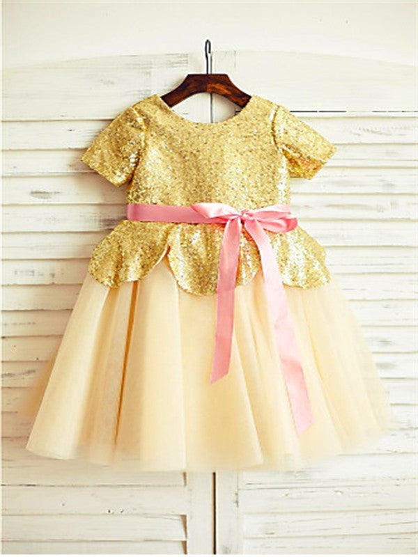 A-line/Princess Scoop Short Sleeves Sequin Tea-Length Tulle Flower Girl Dresses DEP0007926