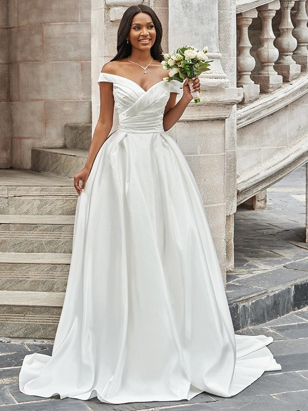A-Line/Princess Off-the-Shoulder Ruched Sleeveless Satin Court Train Wedding Dresses DEP0005936