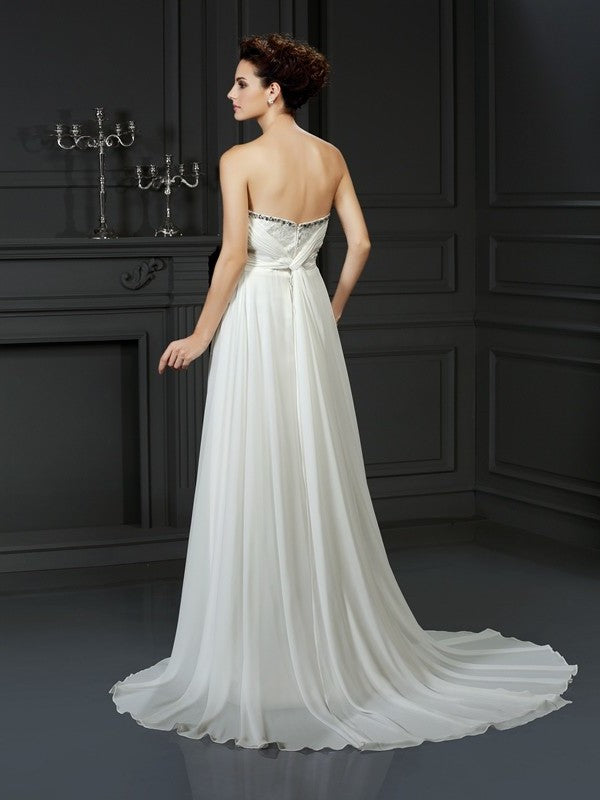 A-Line/Princess Sweetheart Ruffles Sleeveless Long Chiffon Wedding Dresses DEP0006796
