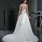 A-Line/Princess High Neck Beading Sleeveless Long Satin Wedding Dresses DEP0006597