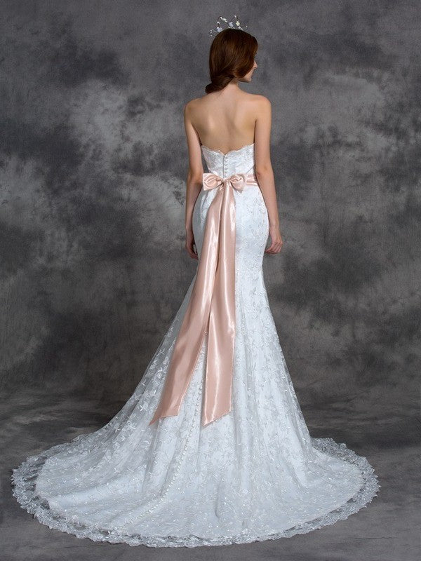 Trumpet/Mermaid Strapless Sash/Ribbon/Belt Sleeveless Long Lace Wedding Dresses DEP0006769