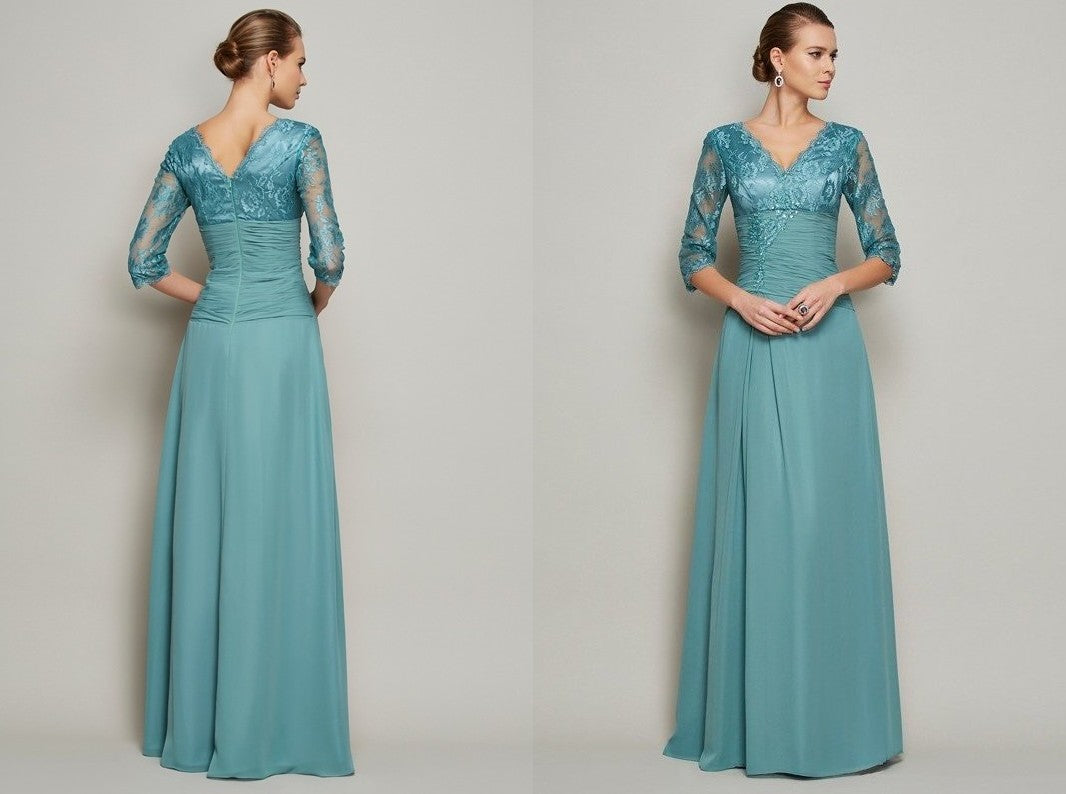 A-Line/Princess V-neck 3/4 Sleeves Lace Long Chiffon Mother of the Bride Dresses DEP0007274