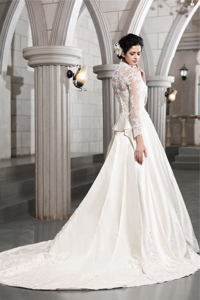 A-Line/Princess Long Sleeves Beading Applique Long Satin Wedding Dresses DEP0006637