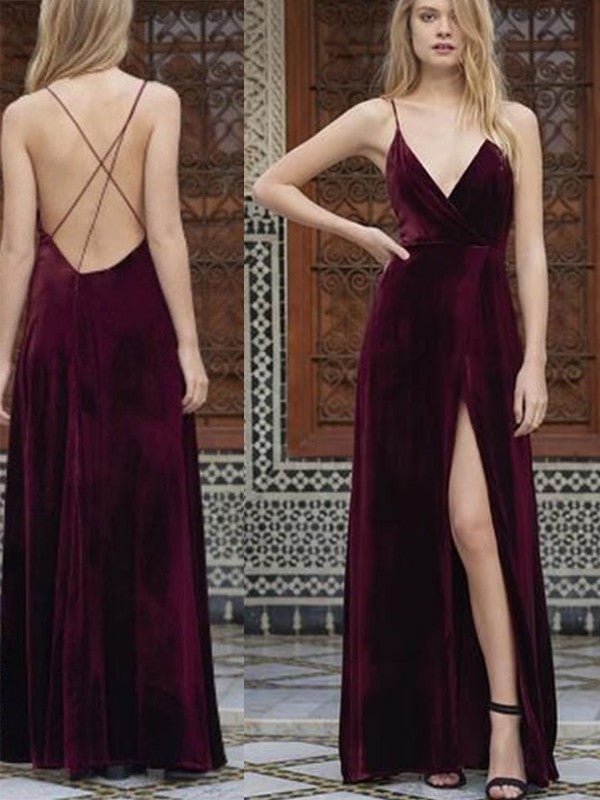 A-Line/Princess Spaghetti Straps Sleeveless Floor-Length Ruffles Velvet Dresses DEP0003096