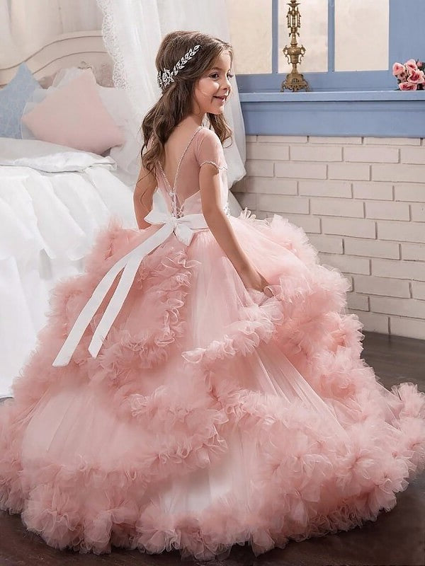 Ball Gown Jewel Short Sleeves Crystal Floor-Length Tulle Flower Girl Dresses DEP0007491