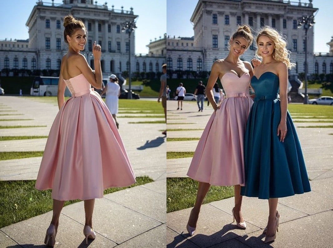 A-Line/Princess Satin Bowknot Sweetheart Sleeveless Tea-Length Homecoming Dresses DEP0008737