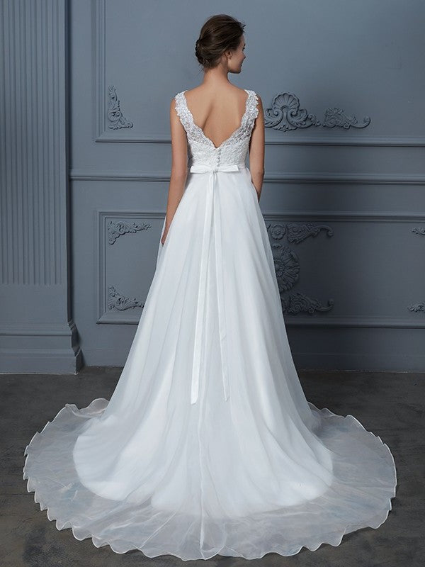 A-Line/Princess V-neck Sleeveless Floor-Length Lace Chiffon Wedding Dresses DEP0006395