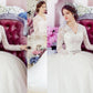 A-Line/Princess Long Sleeves V-neck Cathedral Train Applique Lace Tulle Wedding Dresses DEP0006776