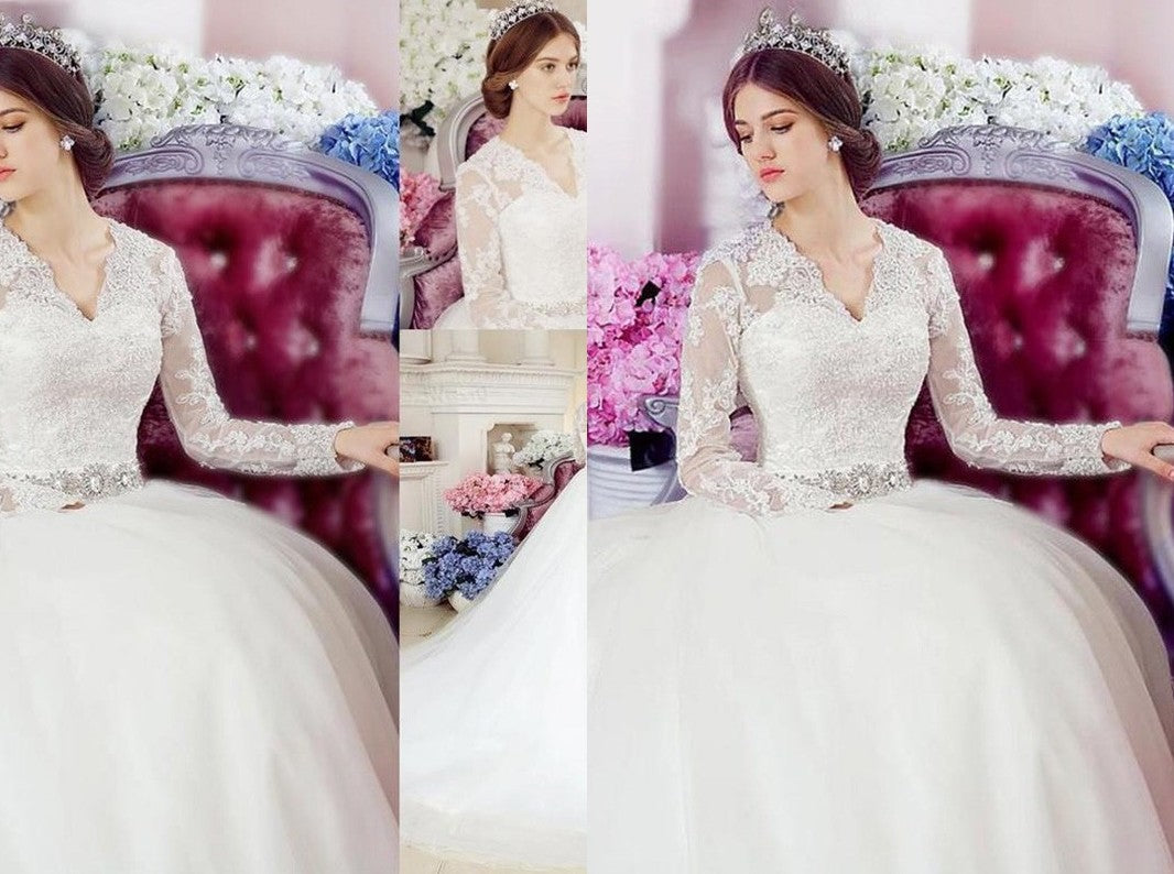 A-Line/Princess Long Sleeves V-neck Cathedral Train Applique Lace Tulle Wedding Dresses DEP0006776