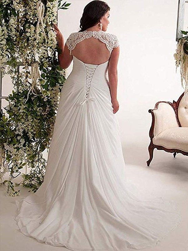 Empire Sweetheart Sleeveless Lace Sweep/Brush Train Chiffon Plus Size Wedding Dresses DEP0006217