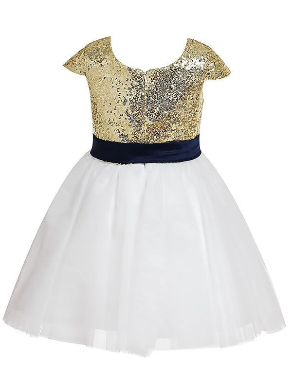 A-Line/Princess Short Sleeves Jewel Sequins Tulle Tea-Length Flower Girl Dresses DEP0007749