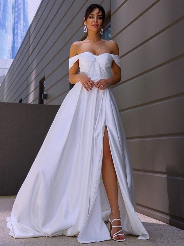 A-Line/Princess Satin Ruched Off-the-Shoulder Sleeveless Sweep/Brush Train Wedding Dresses DEP0006115