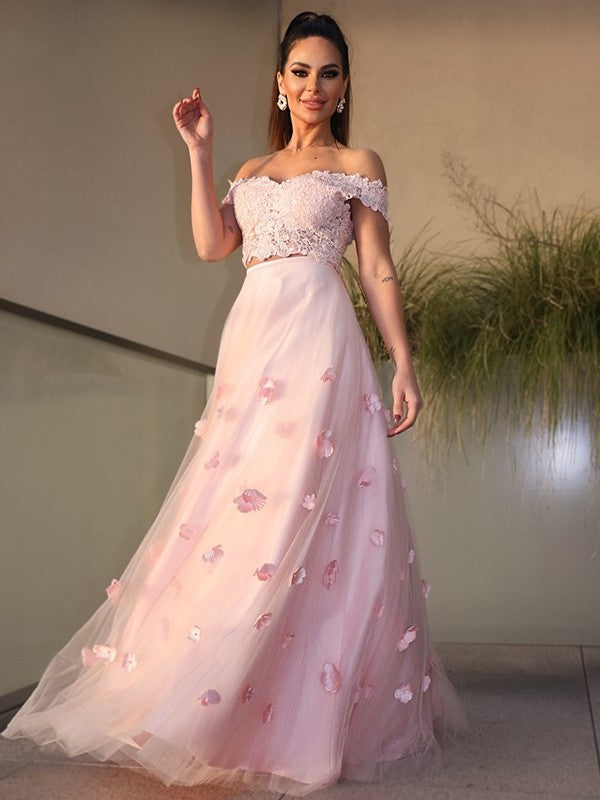 A-Line/Princess Tulle Hand-Made Flower Off-the-Shoulder Sleeveless Floor-Length Two Piece Dresses DEP0004574
