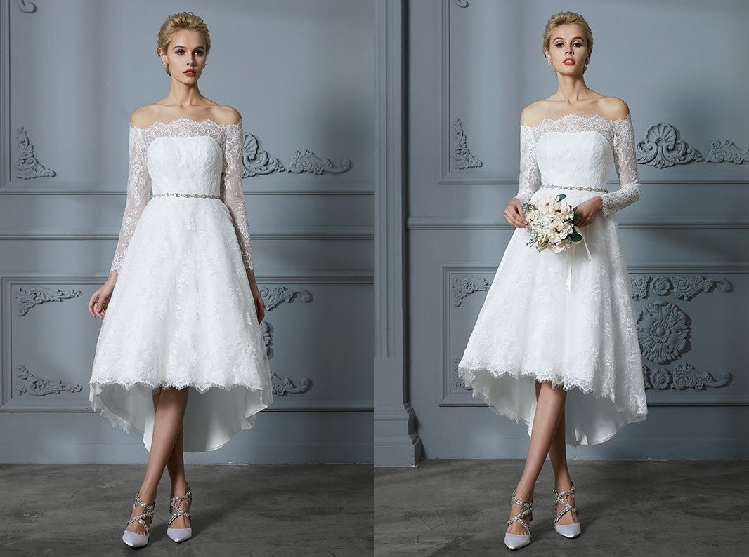 A-Line/Princess Long Sleeves Off-the-Shoulder Asymmetrical Lace Wedding Dresses DEP0006338