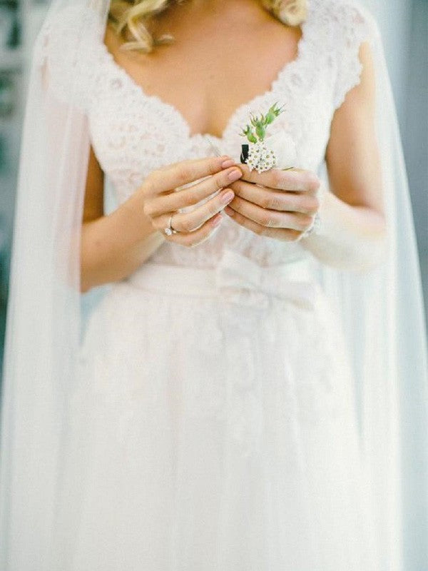 A-Line/Princess V-neck Floor-Length Sleeveless Lace Tulle Wedding Dresses DEP0006104