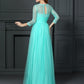 A-Line/Princess Bateau Lace 3/4 Sleeves Long Elastic Woven Satin Dresses DEP0009166