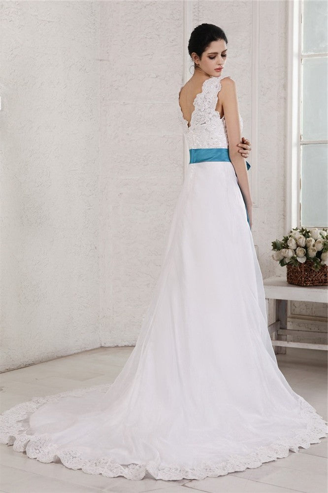 A-Line/Princess V-neck Sleeveless Applique Sash Long Organza Satin Wedding Dresses DEP0006788