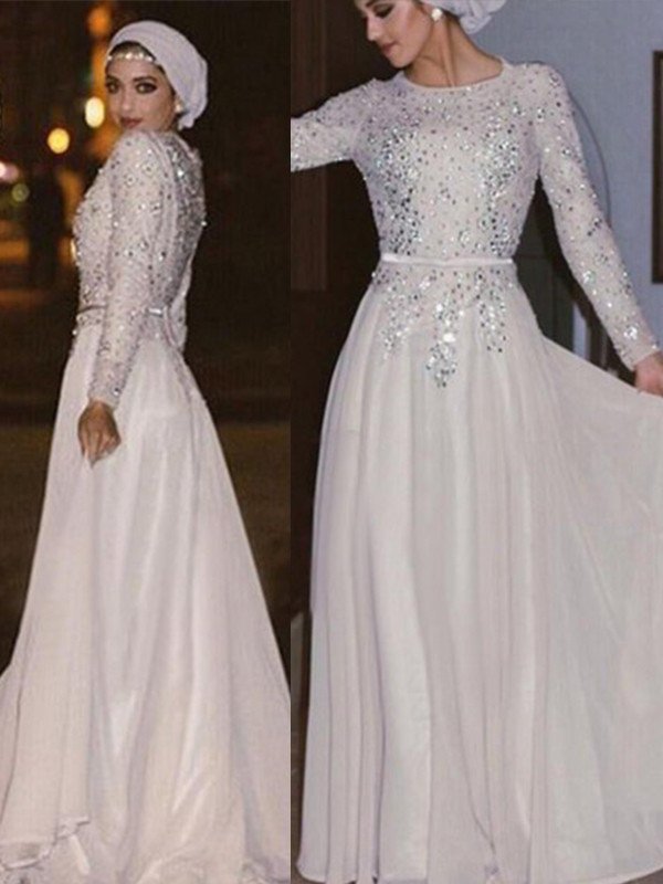 A-Line/Princess Long Sleeves Scoop Floor-Length Crystal Chiffon Muslim Dresses DEP0002617