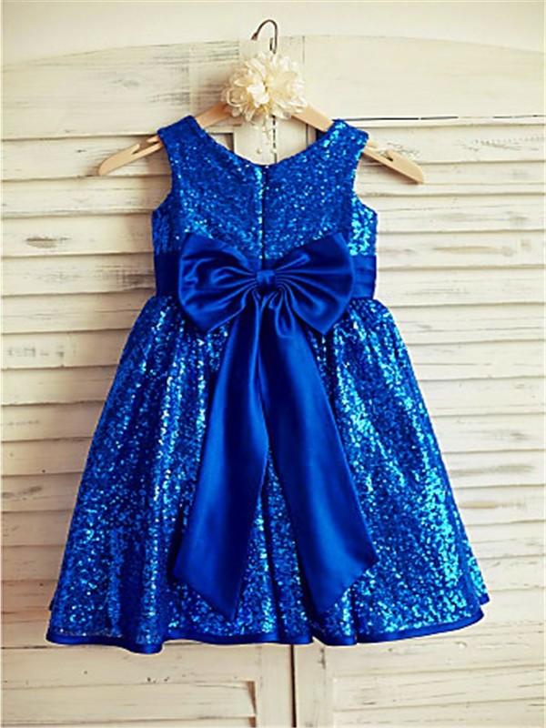 A-line/Princess Scoop Sleeveless Bowknot Tea-Length Sequins Flower Girl Dresses DEP0007759
