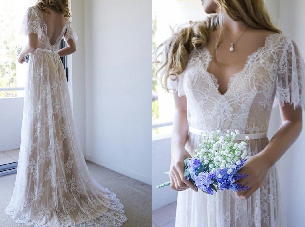 A-Line/Princess Lace Sash/Ribbon/Belt V-neck Short Sleeves Sweep/Brush Train Wedding Dresses DEP0005917
