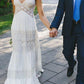 A-Line/Princess Lace V-neck Ruched Short Sleeves Floor-Length Wedding Dresses DEP0005893
