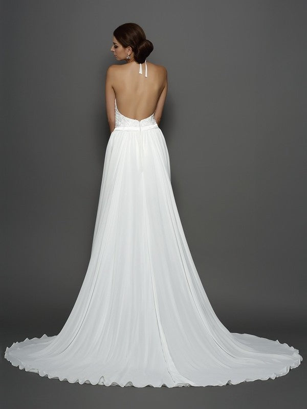 A-Line/Princess High Neck Lace Sleeveless Long Chiffon Wedding Dresses DEP0006617