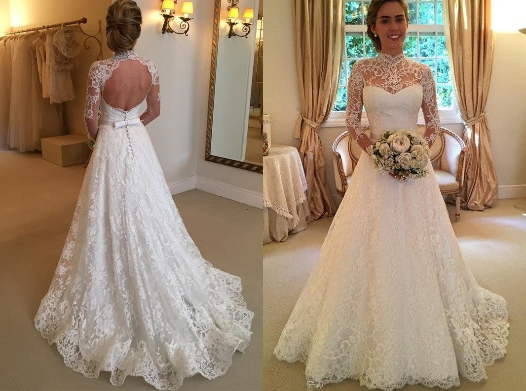 Ball Gown High Neck Long Sleeves Lace Court Train Wedding Dresses DEP0006129