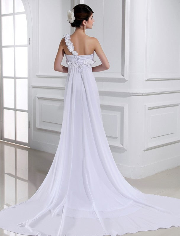A-Line/Princess One-shoulder Beading Hand-made Flower Sleeveless Chiffon Wedding Dresses DEP0006896