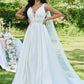 A-Line/Princess Satin Applique V-neck Sleeveless Sweep/Brush Train Wedding Dresses DEP0006501