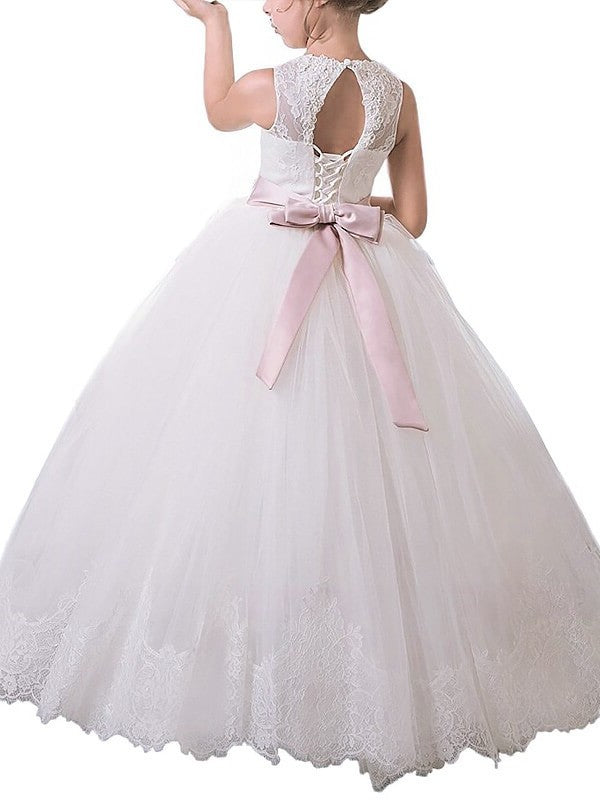 Ball Gown Scoop Sleeveless Sash/Ribbon/Belt Floor-Length Tulle Flower Girl Dresses DEP0007702