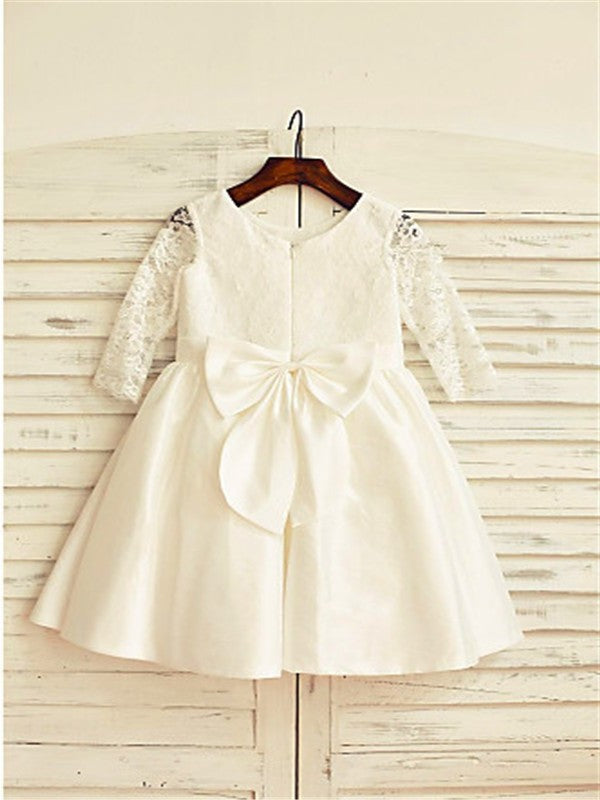 A-line/Princess Jewel Long Sleeves Lace Tea-Length Satin Flower Girl Dresses DEP0007791