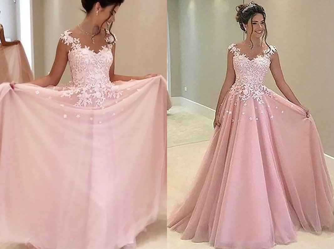 A-Line/Princess Sweetheart Sleeveless Floor-Length Applique Tulle Dresses DEP0001741