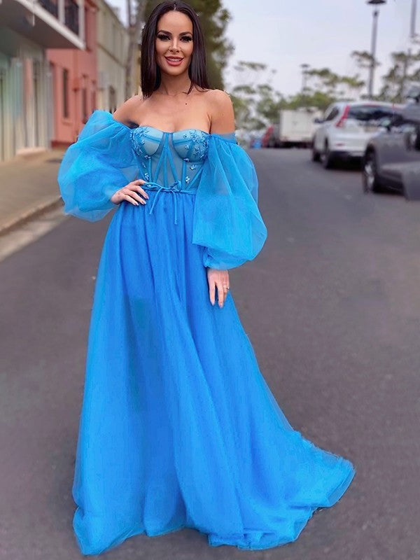 A-Line/Princess Tulle Beading Off-the-Shoulder Long Sleeves Sweep/Brush Train Dresses DEP0003167