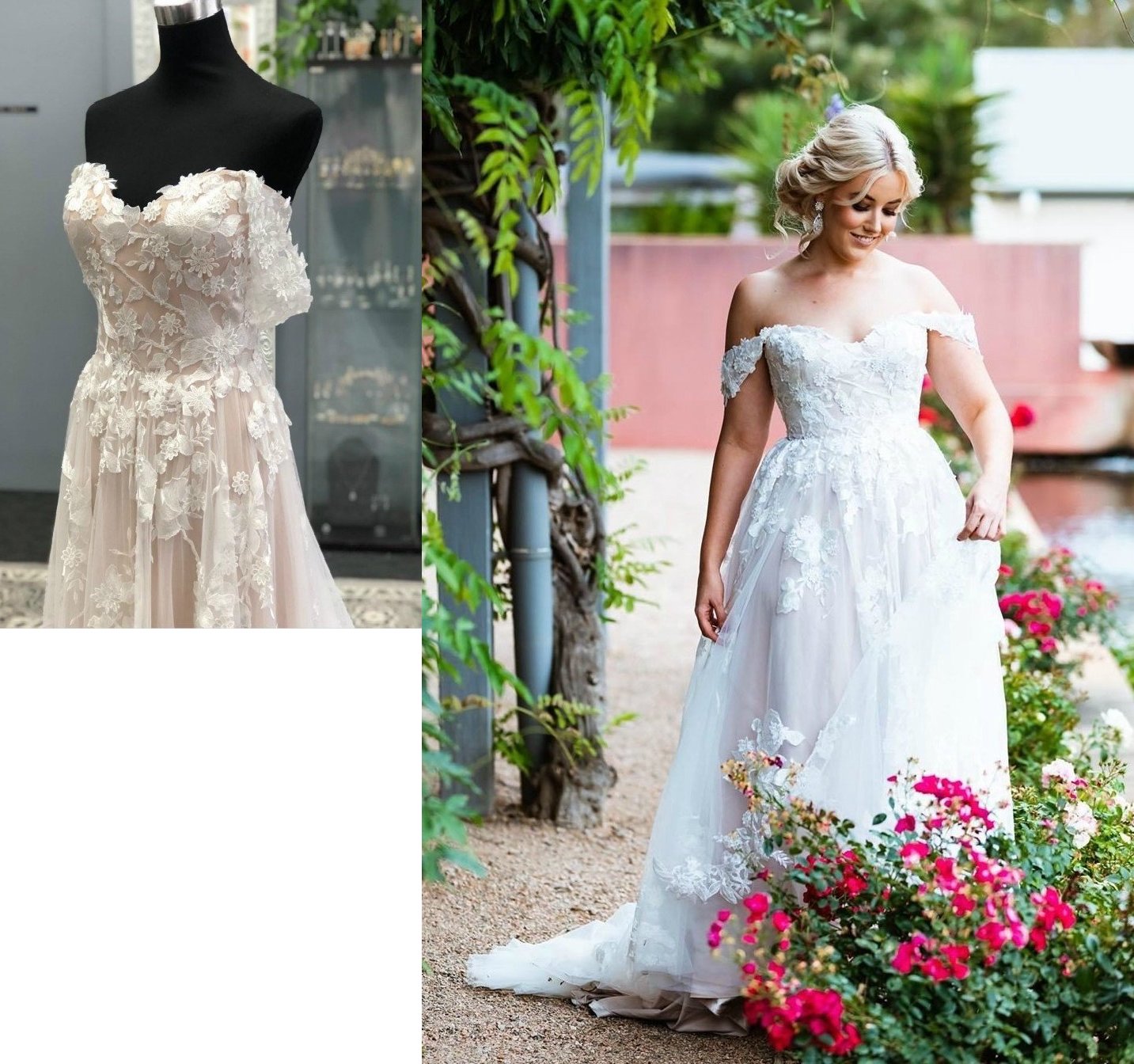 A-Line/Princess Off-the-Shoulder Tulle Applique Sleeveless Sweep/Brush Train Wedding Dresses DEP0005895