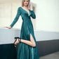 A-Line/Princess Long Sleeves Ruffles Satin Chiffon V-neck Floor-Length Dresses DEP0009083