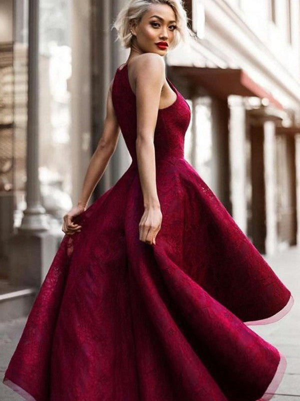 A-Line/Princess Sleeveless Jewel Asymmetrical Ruffles Lace Dresses DEP0002350