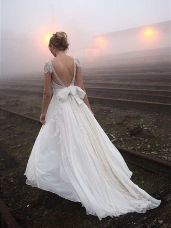 A-Line/Princess V-neck Sweep/Brush Train Sleeveless Lace Chiffon Wedding Dresses DEP0006159