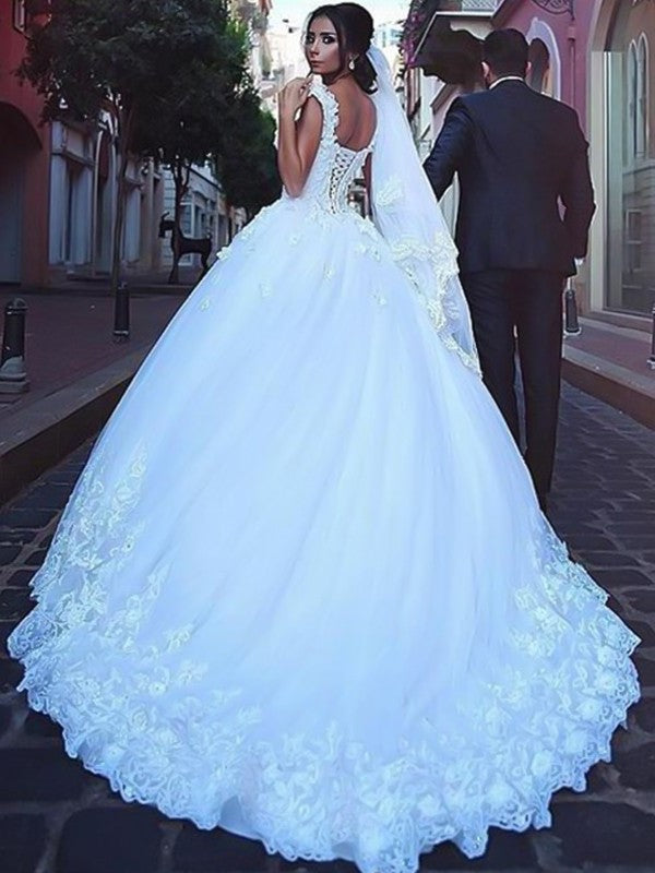 Ball Gown Sweetheart Sleeveless Sweep/Brush Train Lace Tulle Wedding Dresses DEP0006154