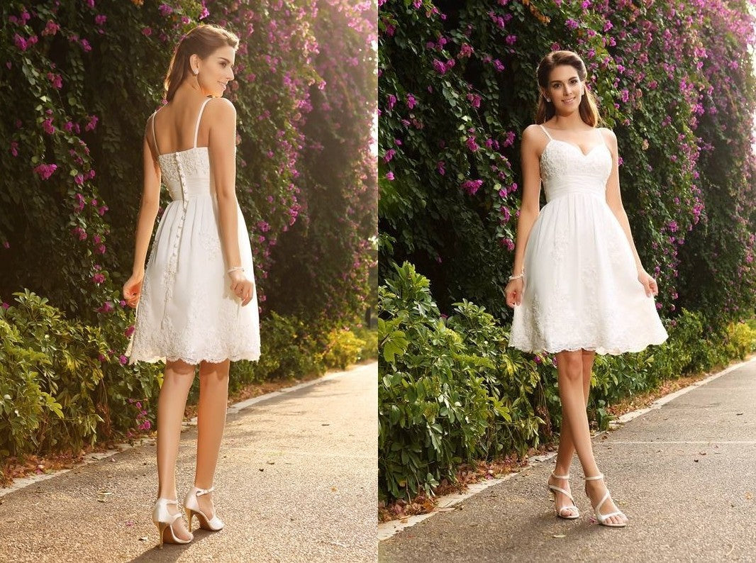 A-Line/Princess Spaghetti Straps Applique Sleeveless Short Lace Wedding Dresses DEP0006248