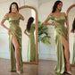 Sheath/Column Elastic Woven Satin Ruched Off-the-Shoulder Sleeveless Floor-Length Dresses DEP0001420