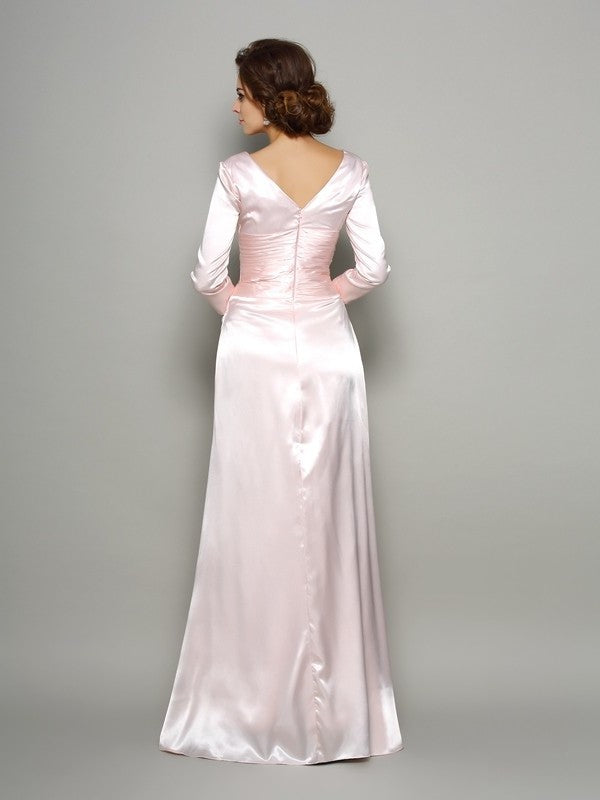 A-Line/Princess V-neck Ruched Long Sleeves Long Silk like Satin Mother of the Bride Dresses DEP0007340