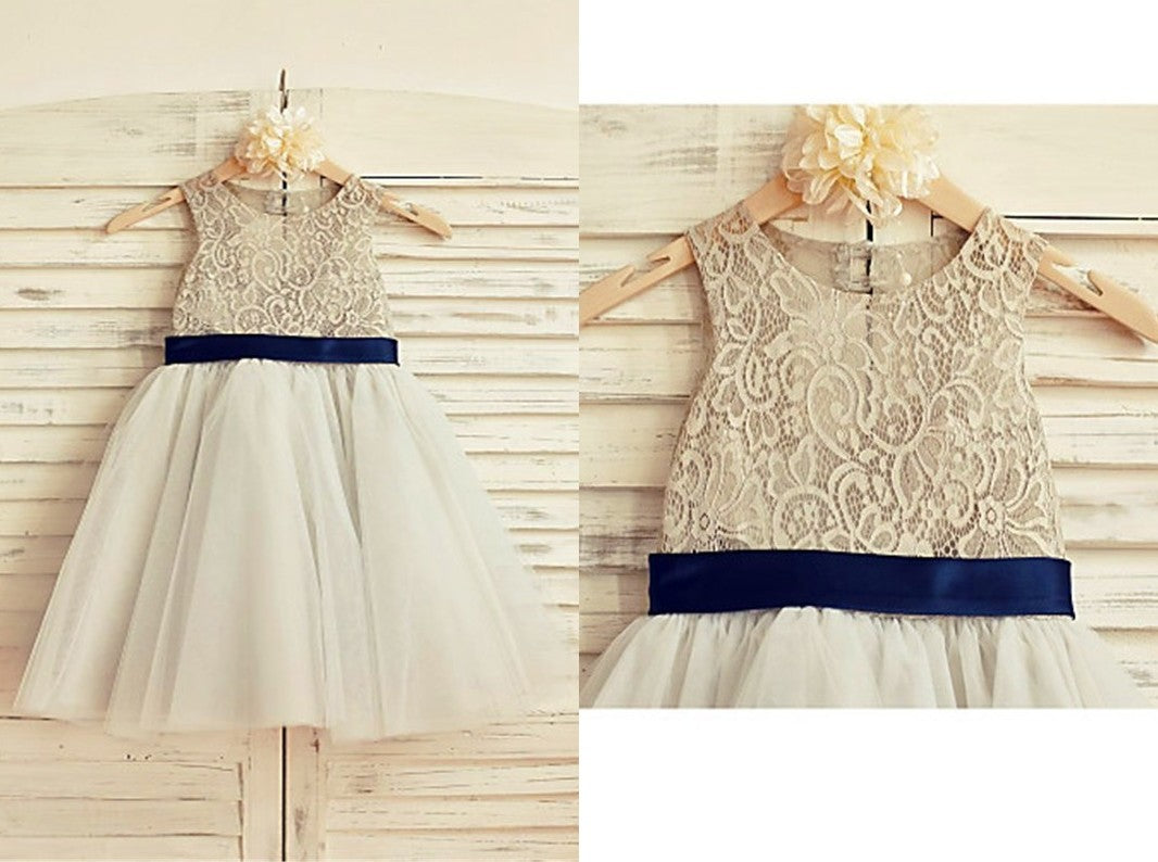 A-line/Princess Scoop Sleeveless Lace Tea-Length Tulle Flower Girl Dresses DEP0007730