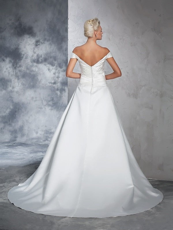 Ball Gown Off-the-Shoulder Ruched Sleeveless Long Taffeta Wedding Dresses DEP0006737