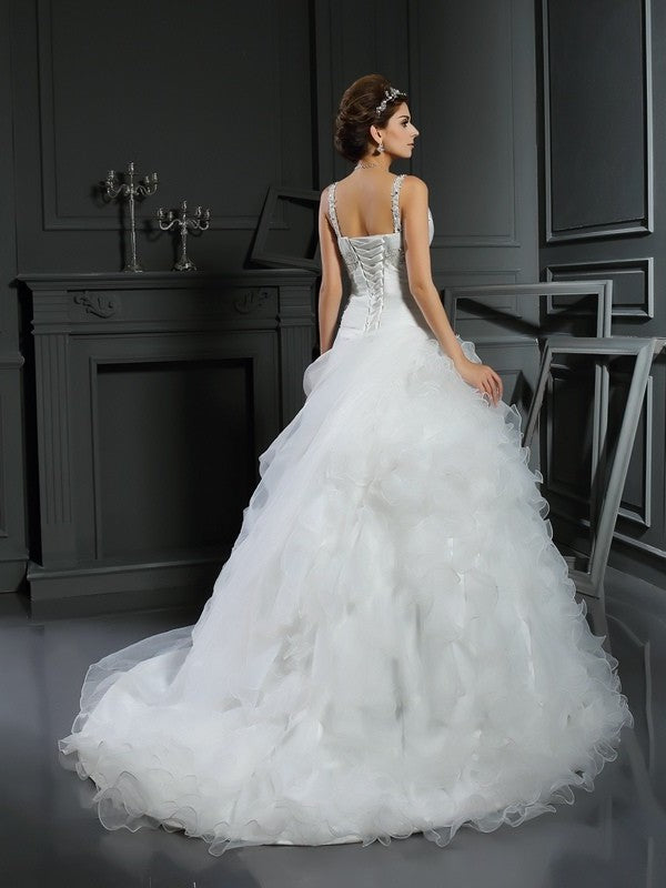Ball Gown V-neck Ruffles Sleeveless Long Organza Wedding Dresses DEP0006578
