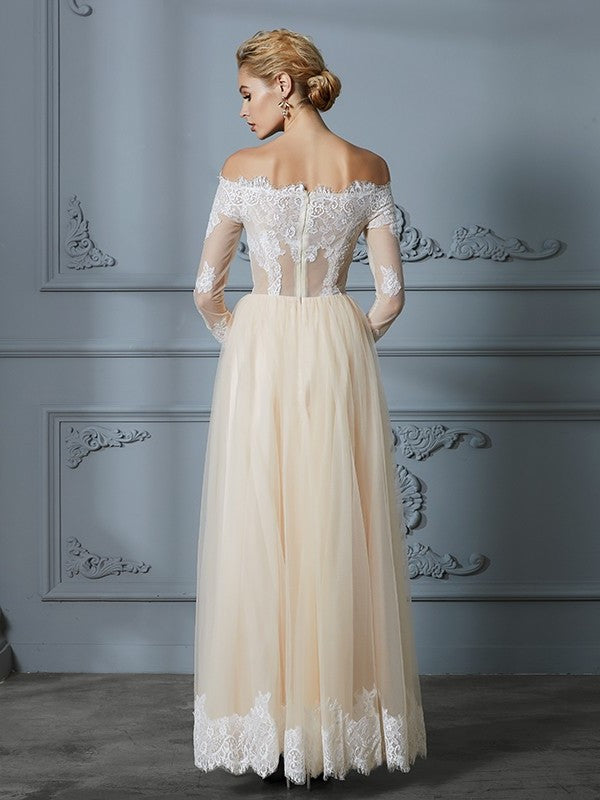 A-Line/Princess Off-the-Shoulder Long Sleeves Floor-Length Lace Tulle Wedding Dresses DEP0006638