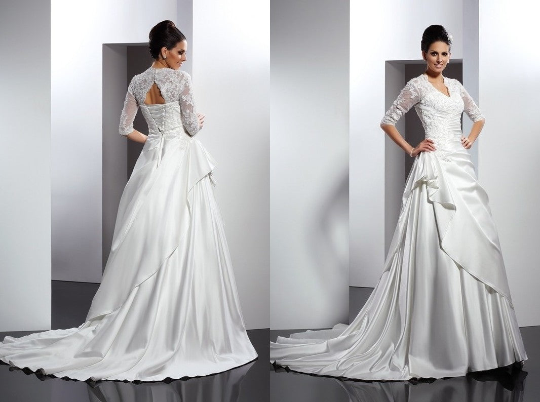 A-Line/Princess V-neck Applique 1/2 Sleeves Long Satin Wedding Dresses DEP0006567