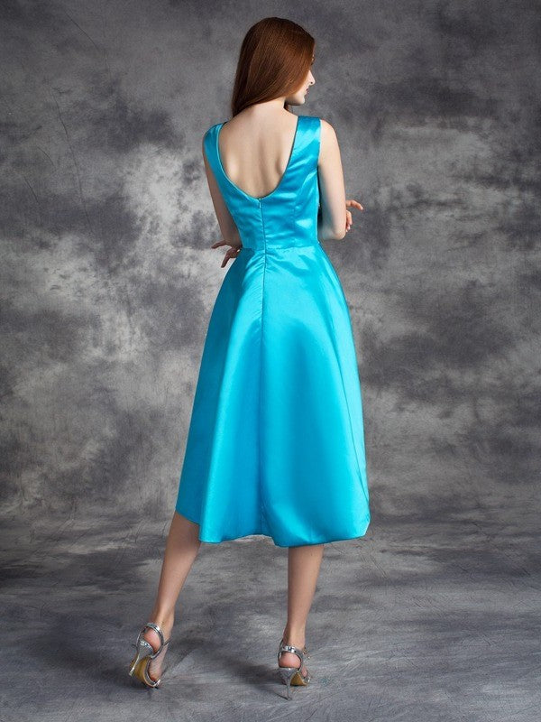 A-line/Princess Bateau Ruffles Sleeveless High Low Satin Bridesmaid Dresses DEP0009303