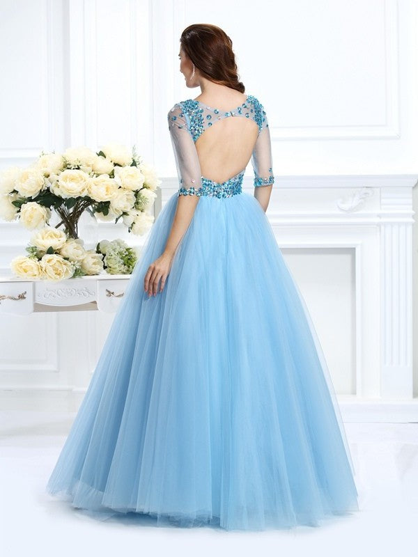 Ball Gown V-neck Beading 1/2 Sleeves Long Satin Quinceanera Dresses DEP0003284
