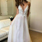 A-Line/Princess Sleeveless V-neck Sweep/Brush Train Spaghetti Straps Lace Organza Wedding Dresses DEP0006522