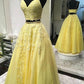 A-Line/Princess Tulle Applique Sleeveless V-neck Floor-Length Two Piece Dresses DEP0001872